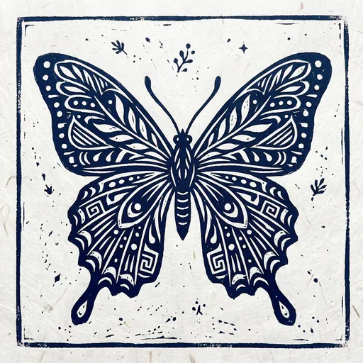 Blue Block Print Butterfly Illustration