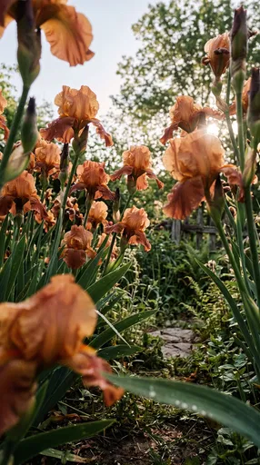Apricot Bearded Irises in Sunlit Garden