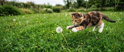 Calico Kitten Pouncing on Dandelion Outdoors