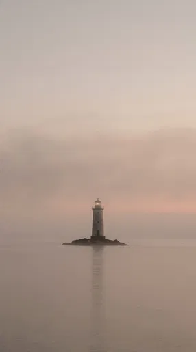 Solitary Lighthouse in Muted Sunset Fog