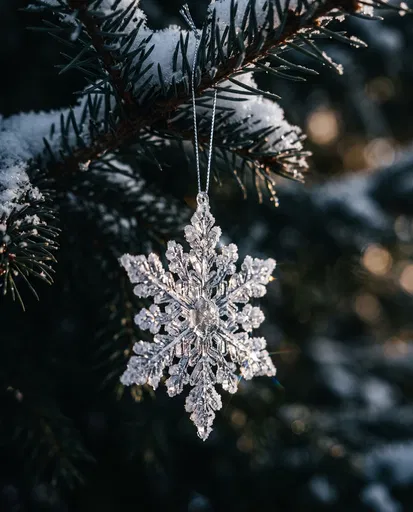 Frosted Crystal Snowflake Ornament on Pine Branch