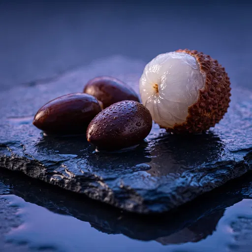 Half-Peeled Lychee and Seeds on Wet Slate
