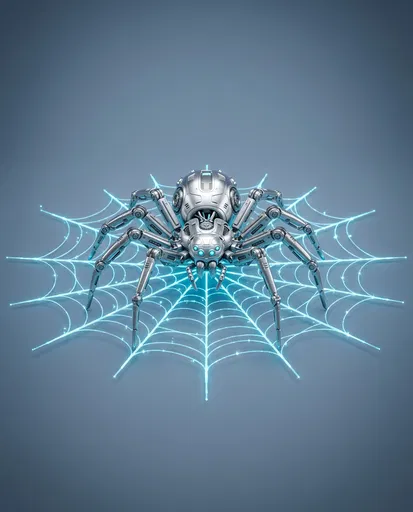 Futuristic Metallic Robot Spider on Glowing Web