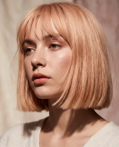 Woman With Peach Blonde Blunt Bob
