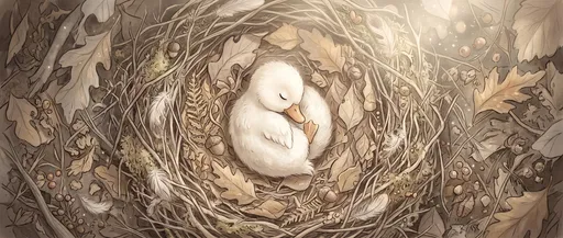 Sleeping White Duckling in Autumn Nest