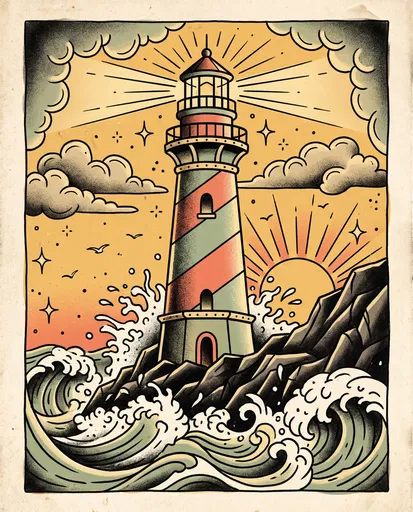 Vintage Traditional Tattoo Lighthouse Illustration