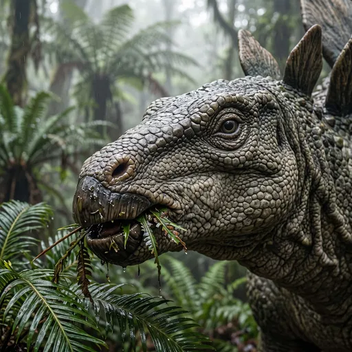 Close-Up Portrait of Stegosaurus Eating Leaves