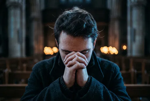 Young Man Praying in Dim Sanctuary