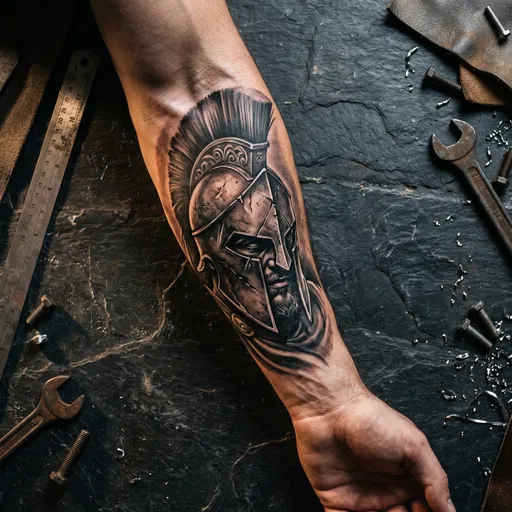 Forearm With Black and Grey Spartan Tattoo