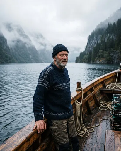 Bearded Fisherman on Wooden Boat in Fjord