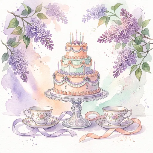 Watercolor Pastel Tiered Birthday Cake Illustration