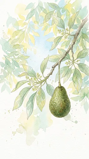 Watercolor Illustration of Hanging Avocado on Branch