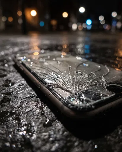 Shattered Smartphone on Wet Pavement at Night