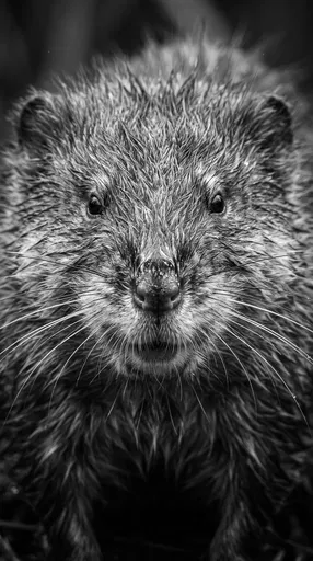 Monochrome Close-Up Portrait of Wet Muskrat