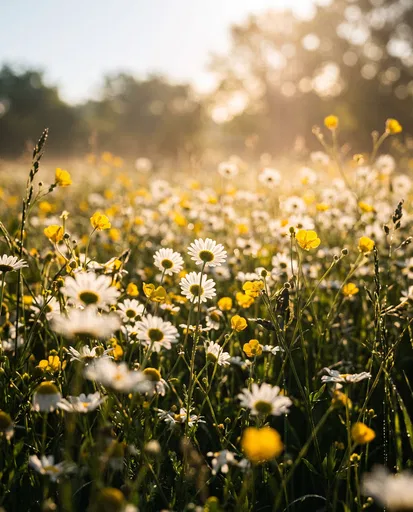 Sunlit Meadow of Daisies and Buttercups