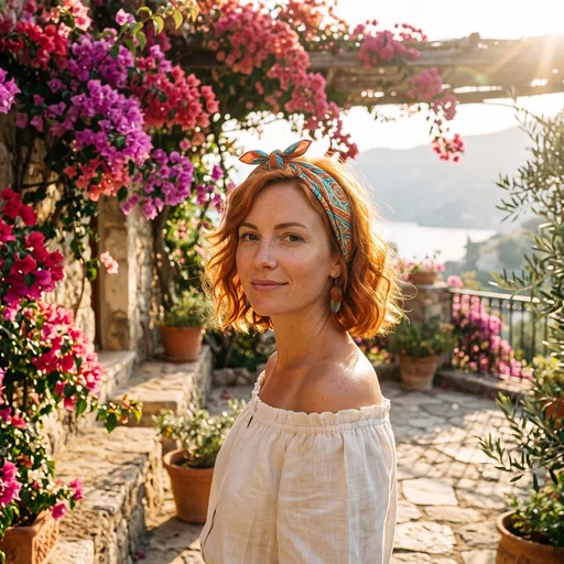 Redhead Woman on Sunlit Mediterranean Terrace