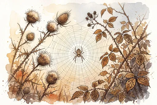 Watercolor Orb Spider in Autumn Web