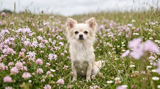 Cream Long-Haired Chihuahua in Wildflower Meadow
