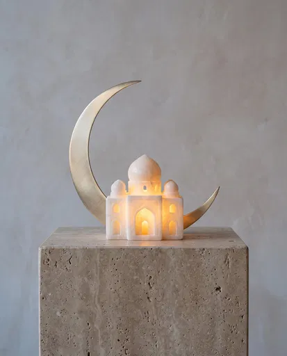 Glowing Alabaster Mosque and Crescent Moon