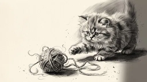 Pencil Sketch of Kitten Playing with Yarn