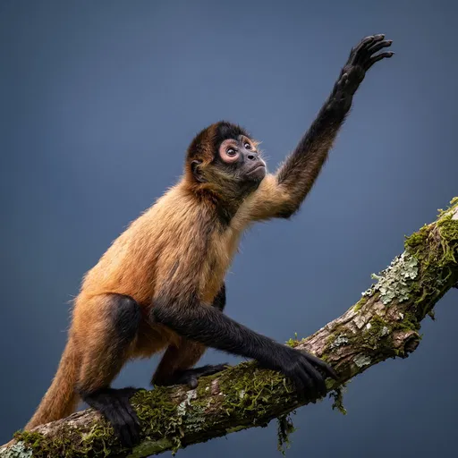 Spider Monkey Reaching Up on Mossy Branch