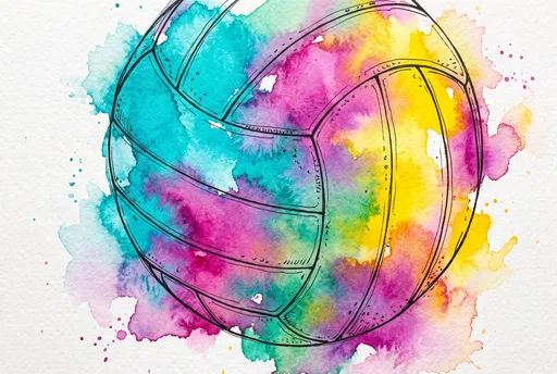 Vibrant Watercolor and Ink Volleyball Illustration