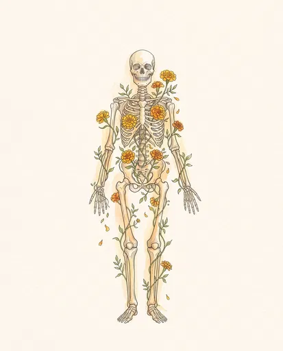 Skeleton Illustration with Marigolds and Vines