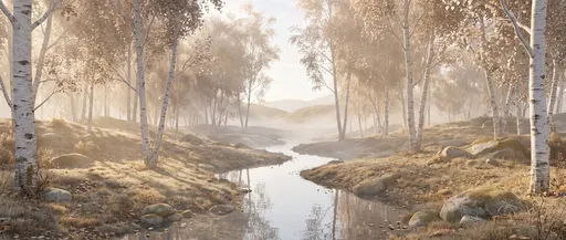 Misty Autumn Birch Forest Stream at Dawn
