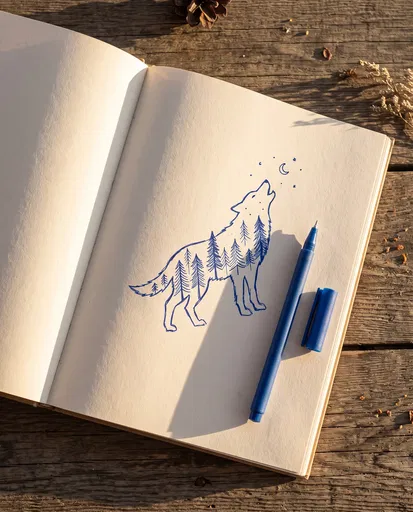Blue Ink Wolf Sketch in Notebook