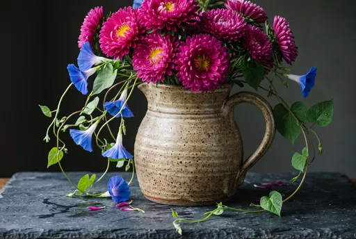 Stoneware Pitcher with Asters and Morning Glories