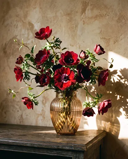 Red Anemones in Fluted Glass Vase