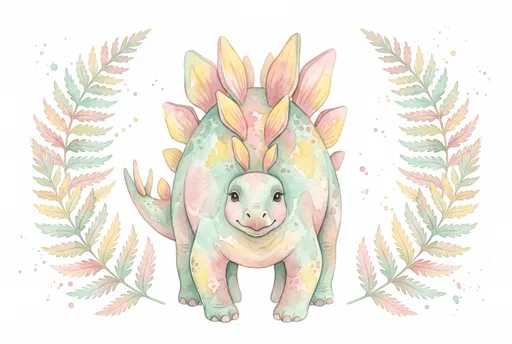 Pastel Watercolor Stegosaurus with Fern Fronds