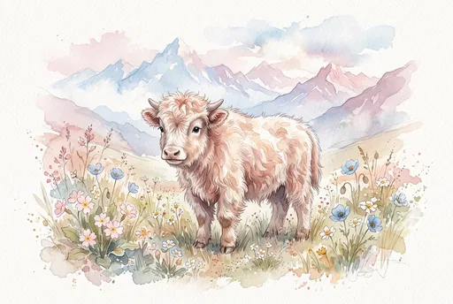 Watercolor Calf in Alpine Wildflower Meadow
