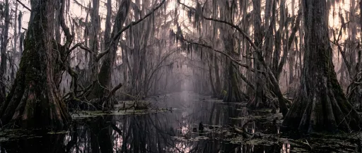 Eerie Misty Cypress Swamp at Twilight