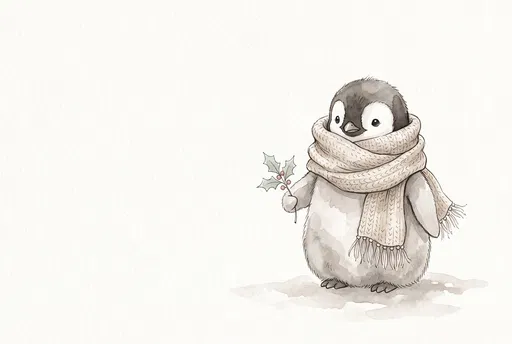 Watercolor Baby Penguin With Scarf and Holly