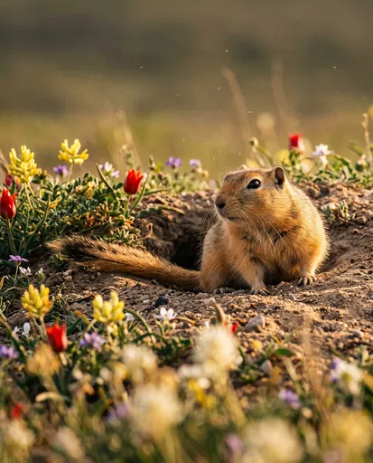 Great Gerbil Outside Burrow with Wildflowers