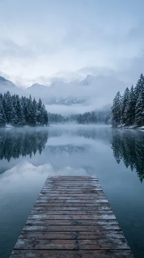 Wooden Dock on Misty Alpine Lake