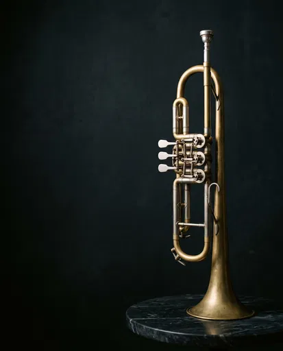 Brass Rotary Trumpet on Dark Marble Pedestal