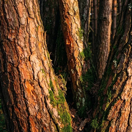 Golden Light on Mossy Pine Trunks