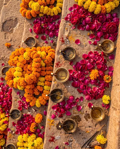 Marigold Garlands and Lamps on Steps