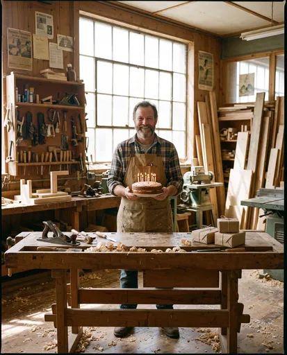 Craftsman Holding Birthday Cake in Woodshop
