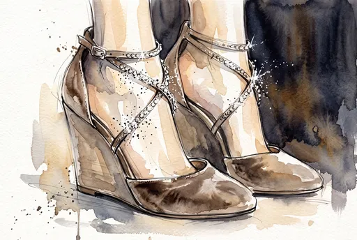 Watercolor Sketch of Taupe Wedge Heels