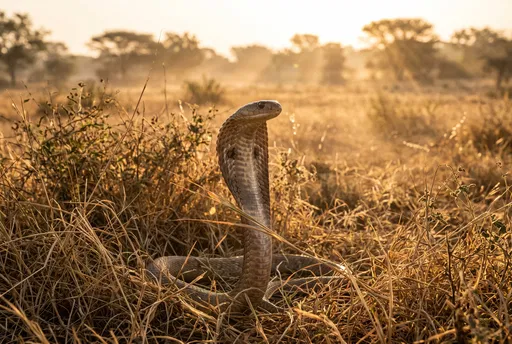 Cobra Raising Hood in Sunrise Savanna