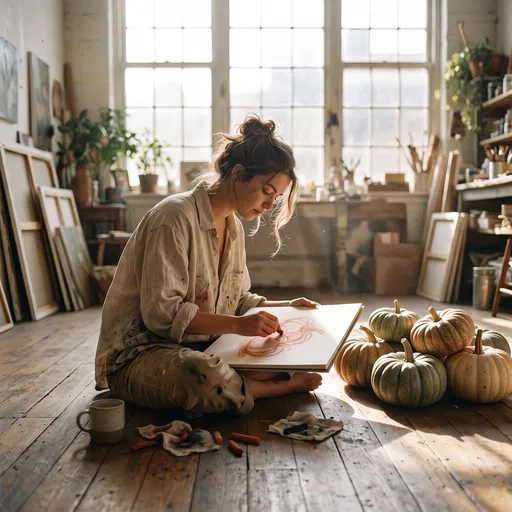 Woman Sketching Pumpkins in Sunlit Studio