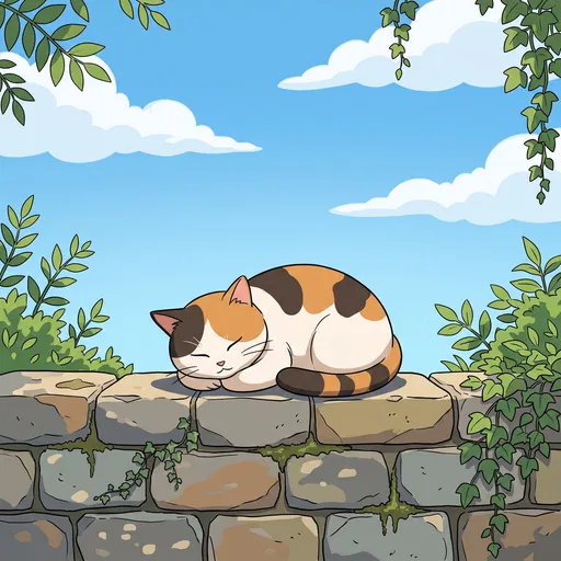 Calico Cat Napping on Stone Wall