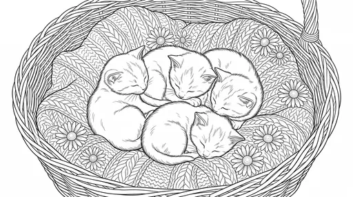 Four Sleeping Kittens Basket Coloring Page