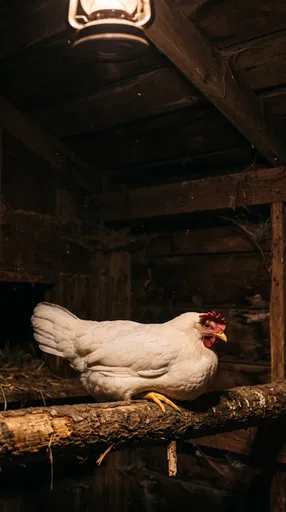 White Hen Roosting in Wooden Coop