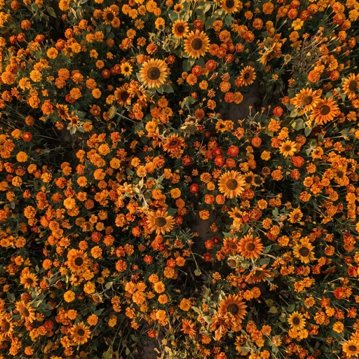 Top-Down Field of Marigolds and Sunflowers