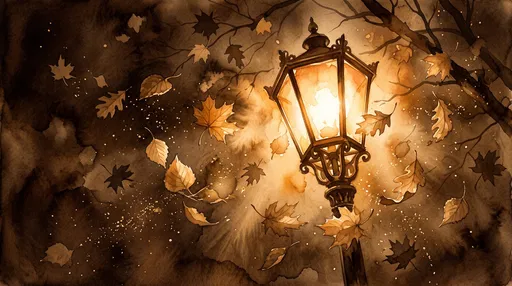 Watercolor Vintage Streetlamp with Autumn Leaves