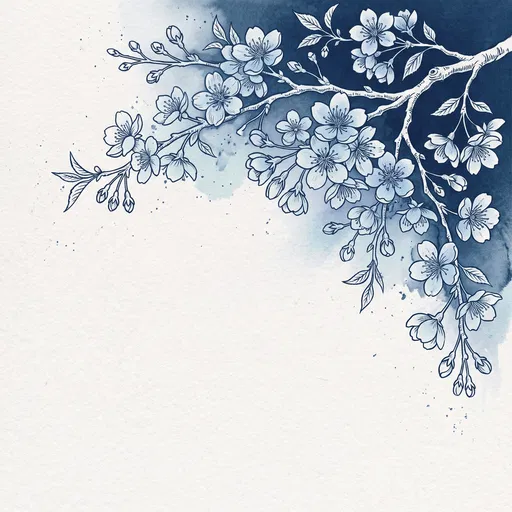 Indigo Watercolor Cherry Blossom Branch Illustration